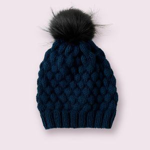 Women's Knitted Navy Blue Beanie OS Faux Fur Pom Hand Made